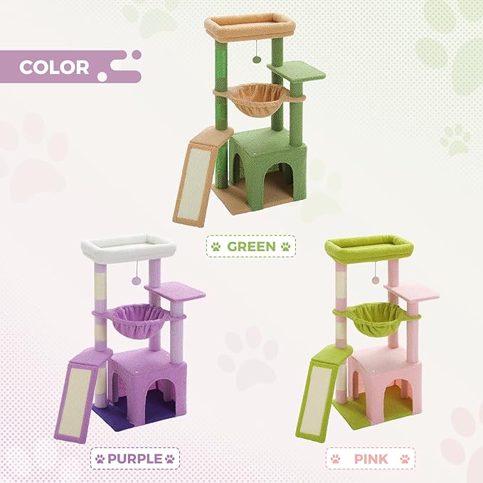 PEQULTI 36.5'' Cat Tree for Indoor Cats, Small Cat Tower with Large Cat Condo, Scratching Posts, Cozy Hammock and Scratching Ladder for Kittens, Purple