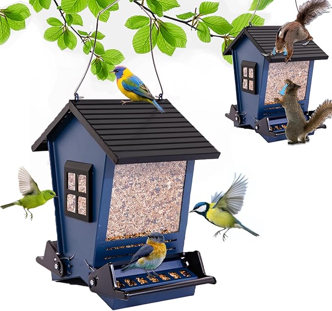 LSCQYYCCSquirrel Proof Bird Feeders for Outdoors Hanging, 5LB Capacity Metal Wild Birdfeeders Outside Hanging,Large Feeder That Attracts Cardinals, Chickadees, and More Birds-One in Blue
