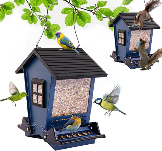 LSCQYYCCSquirrel Proof Bird Feeders for Outdoors Hanging, 5LB Capacity Metal Wild Birdfeeders Outside Hanging,Large Feeder That Attracts Cardinals, Chickadees, and More Birds-One in Blue