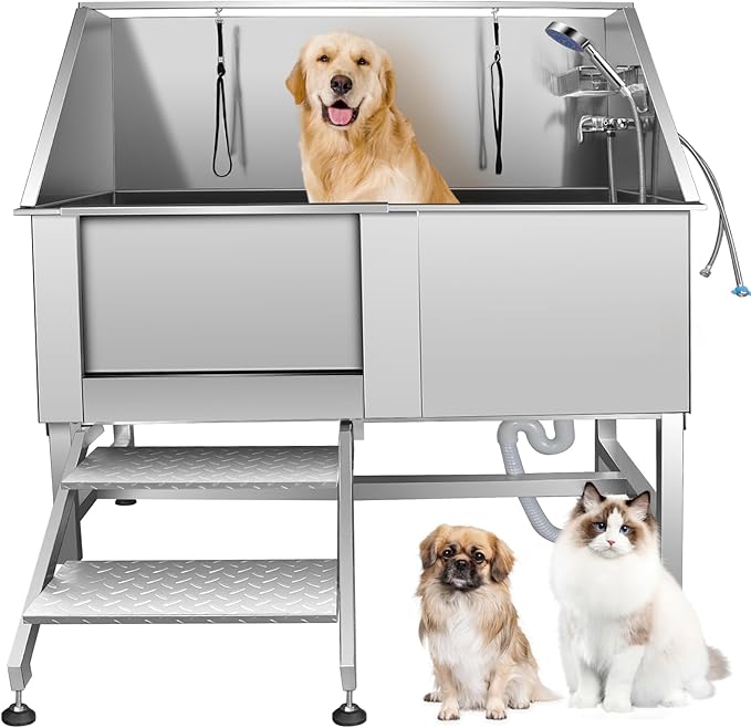 Dog Bathtub XL Professional 62inch Dog Washing Station Stainless Steel Pet Grooming Tub for Extra Large Dogs Wash Tub, Medium, Small Dogs Cats with Left Sliding Doors, Steps, Right Faucets