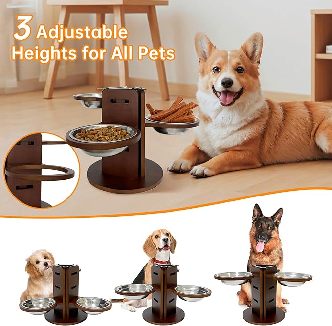Adjustable 3-in-1 Elevated Dog Bowls, Bamboo Dog Bowl Stand (3.6"/6.3"/9.2") with 3 Stainless Steel Bowls, 3 Heights Adjustable Pet Feeding Station for Cats/Small/Medium/Large Dogs
