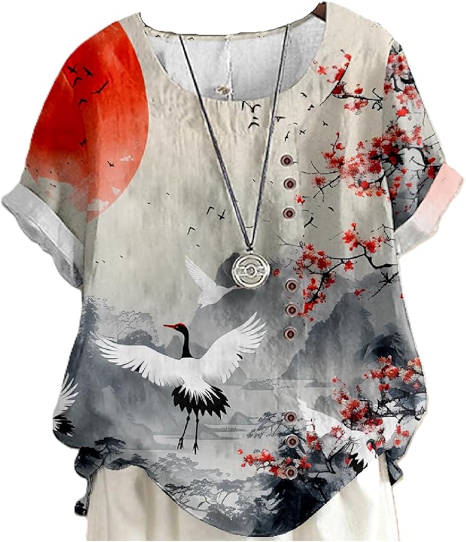 Japanese Print Women Summer Shirts Flower Bird Graphic Plus Size Tunic Tops Crewneck Short Sleeve Blouses
