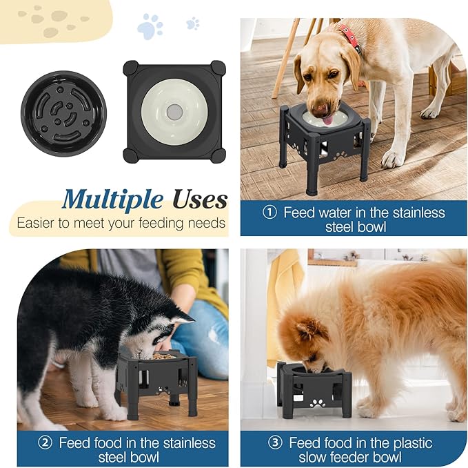 Lewondr Elevated Dog Water Bowl No Spill, 80OZ/2.5L Large Capacity Raised Water Bowl for Dogs with Slow Feeder Dog Bowl, 3 Heights Adjustable Elevated Dog Slow Water Bowl for Small Medium Large Dogs