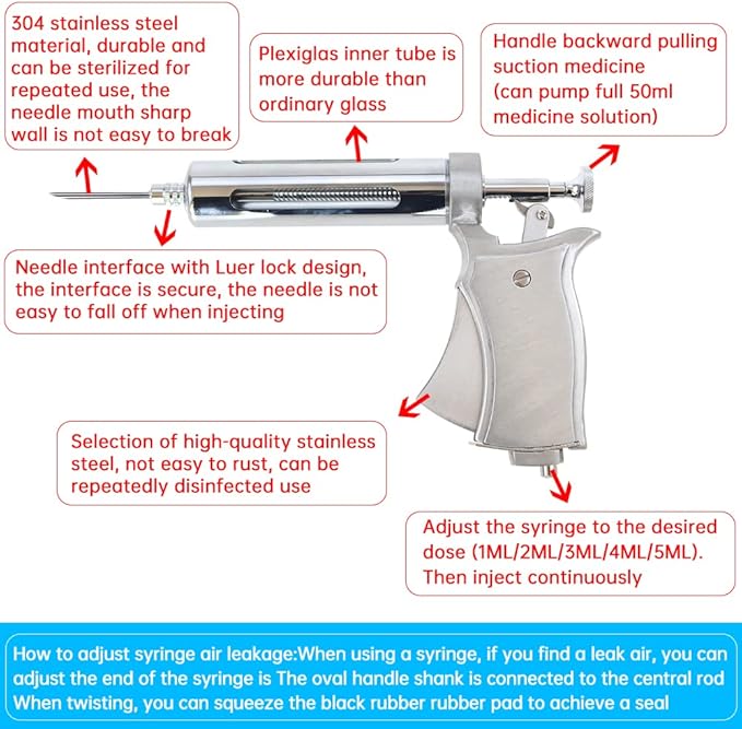 50ML Livestock Syringe Animal Injection Gun,Adjustable Continuous Injection Gun with 12Pcs Stainless Steel Injection Needles for Horses Cattle Pigs Sheep