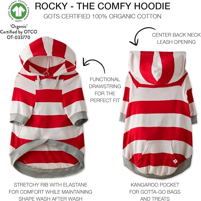 Rocky – The Orginal Lightweight Hooded TEE 100% Organic Cotton Dog Hoodie Pet Coat Sweater for Small, Medium, Large Dogs, Red Bold Stripe, Medium