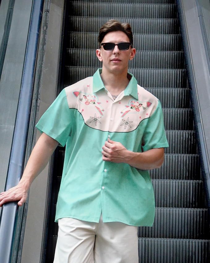 Men’s Hawaiian Shirt Western Cowboy Symmetrical Print Short Sleeve Button Down Casual Beach Holiday Summer Shirt