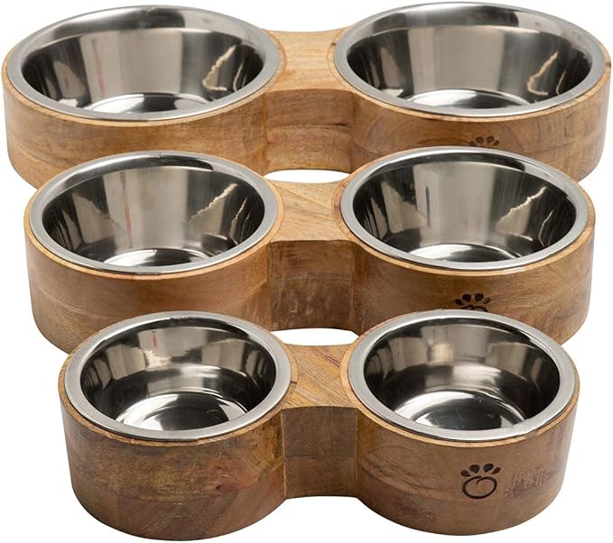 Luxury Elevated Dog Bowl Set - Mango Wood Stand with 2 Stainless Steel Food & Water Bowls - Raised Pet Feeder with Non-Slip Base, Modern Design for All Dog Sizes, Medium 24oz