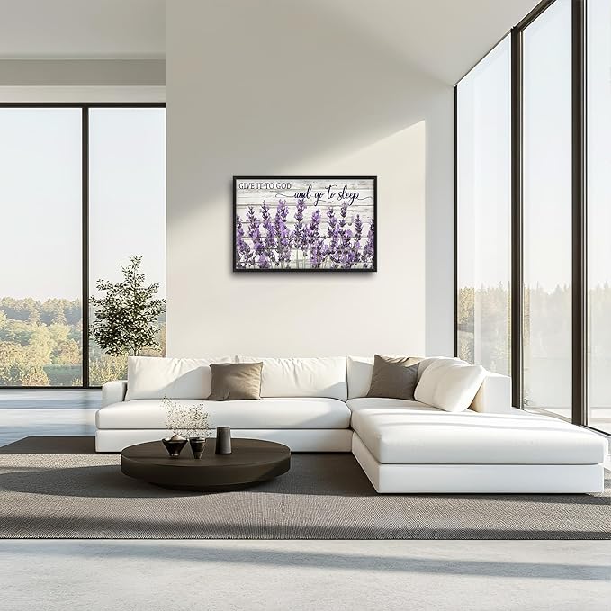 Large Lavender Wall Art for Living Room, Framed Oversized Rustic Floral Wall Decor Christian Give It To God Canvas Painting Modern Artwork for Living Room Bathroom Bedroom Office Dining Room 36"x24"