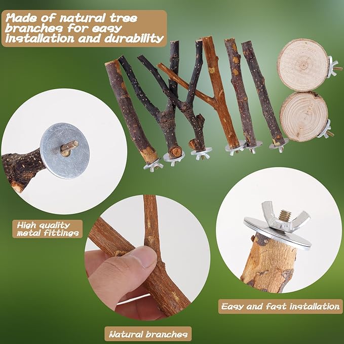 Libiline 8 Pieces Bird Perch Natural Wooden Parrot Perch Stand Fork Toys Hanging Multi-Branch Perches Platform Hammock Swing Toy for Macaws, Small Parakeets, Conures, Budgies, Finches (A-Color, Mix)