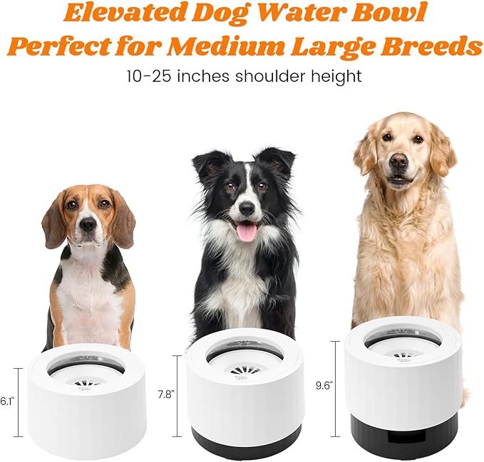 Pawque Raised 95oz Slow Drinking Dog Water Bowl No Spill for Medium Large Breed, Single Elevated Stainless Steel Water Bowl with Floating Disc, Stable Sturdy Base and Snap on Adjustable Height Stand