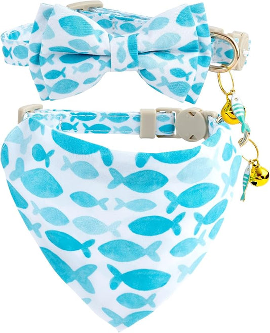 Faygarsle 2 Pack Fish Pattern Cat Collar Set with Bow Tie and Bandana, Light Blue and White, Breakaway Safety Collar with Bell