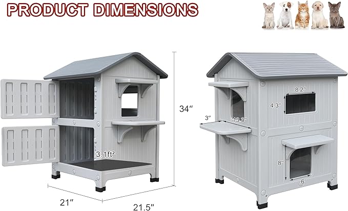 Rockever Plastic Insulated Outdoor Cat House with Escape Door, 2 Story Waterproof Cat House for Outdoor Cats for Feral Cats, Elevated Outside Cat Shelter, Clean and Assemble Easily
