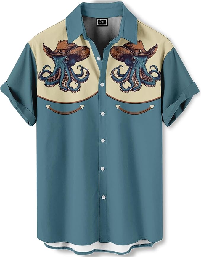 Men’s Hawaiian Shirt Western Cowboy Symmetrical Print Short Sleeve Button Down Casual Beach Holiday Summer Shirt