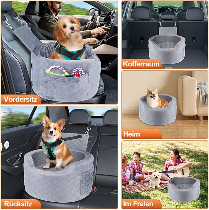 Dog Booster Car Seats for Small Medium Dogs, Fits Dogs Under 19", 28D High-Density Memory Foam with Waterproof Cover, Pet Travel Bed with Storage Pockets, Blanket, Dog Safety Belt