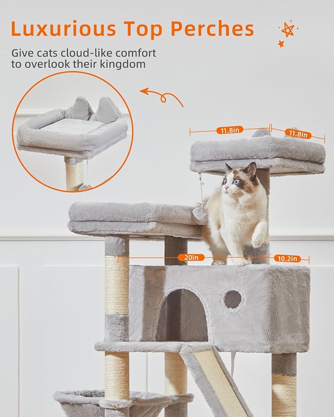 Taoqimiao Cat Tree 57.5-Inch, Cat Tower for Indoor Cats Large Adult, Extra Large Cat Condo, 8 Sisal Scratching Posts, Metal Frame Cozy Hammock, Durable Scratch Board, 2 Top Perches, Light Gray MS026W
