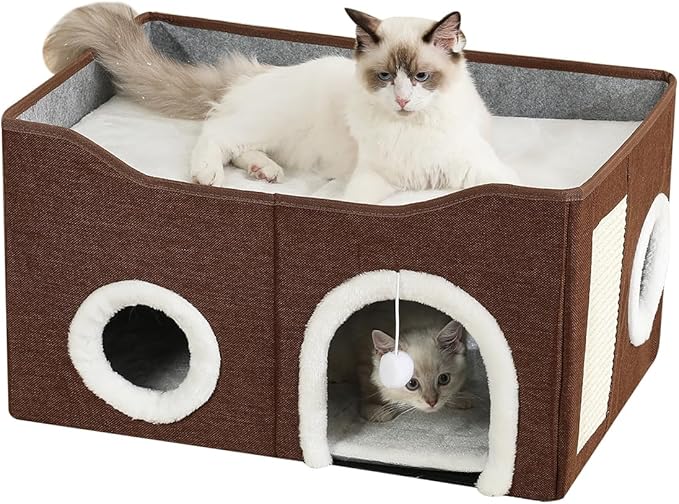Large Cat Bed for Indoor Cats, Extra Wide Cat Cave House with Scratch Pad and Fluffy Ball, Foldable Cat Hideaway for Kitten Bed, Cat Condo for Cats (Brown, X-Large)