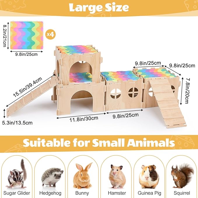 Guinea Pig Hideout, Guinea Pigs House with Stairs and Mats Extra Large Guinea Piggy Castle Detachable Hideouts for Small Animals Wooden Guinea Pig Habitats with Multiple Doors and Windows