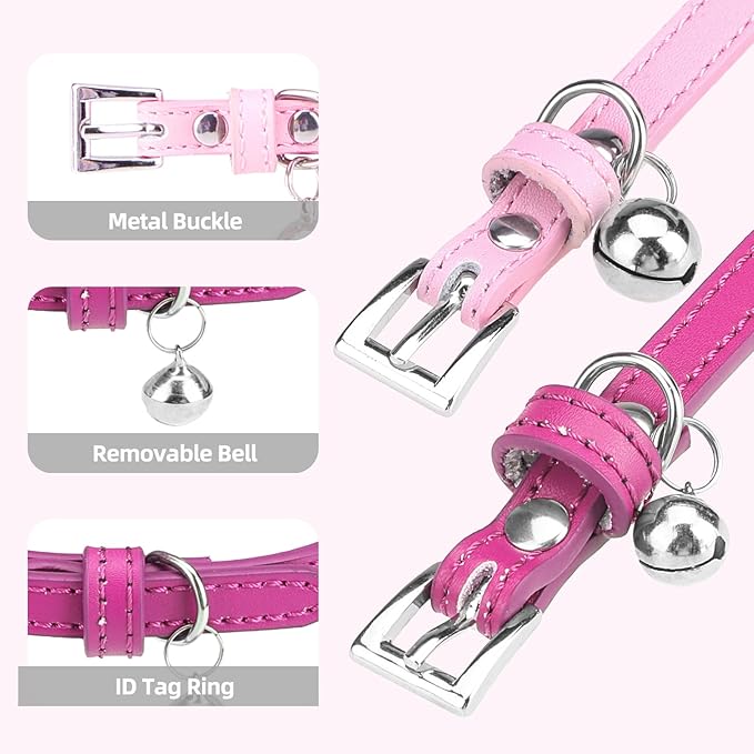 PUPTECK 2 PCS Soft Genuine Leather Cat Kitten Collar with Bells Adjustable for Girl Boy Cats Puppy, Rose Pink