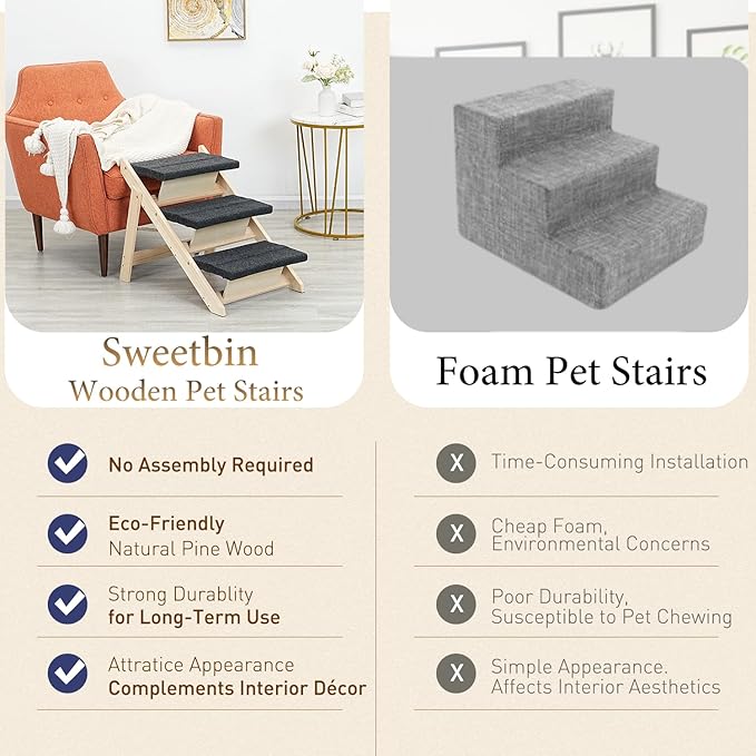 Wood Pet Stairs/Pet Steps for All Dogs and Cats - 2-in-1 Foldable Carpeted 3 Tiers Dog Stairs & Ramp Perfect for Beds and Cars - Portable Dog/Cat Ladder Up to 120 Pounds