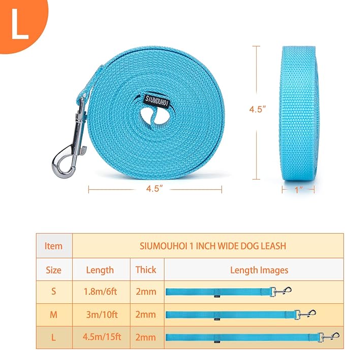 Strong Durable Nylon Dog Training Leash, 1 Inch Wide Traction Rope, 6 ft 10ft 15ft Long, for Small and Medium Dog (Mint Blue, 15 Feet)