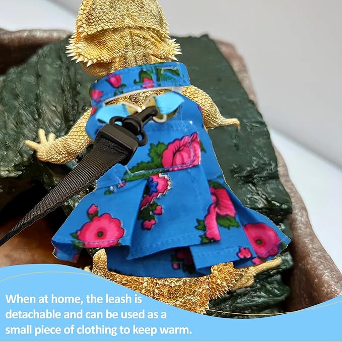 Lizard Harness Dress and Leash, Adjustable Hamster Ferret Harness and Leash Set, No-Pull Walking Vest for Lizard Small Animal Gecko Chameleon (Blue S)