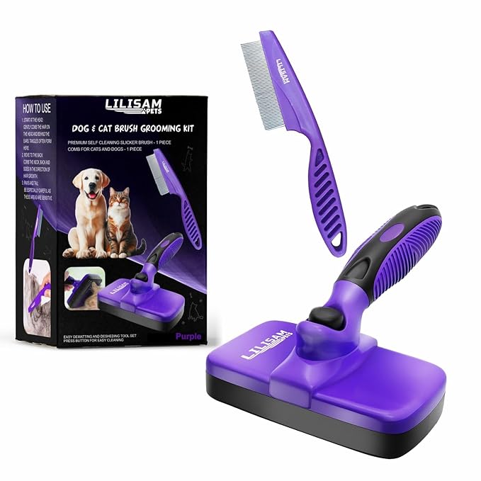 Pet Self Cleaning Slicker Brush and Grooming Comb - Gently Removes Loose Hair, Tangles, and Dirt - Skin Friendly Deshedding Grooming Tool for Hair Dogs & Cats - Pet Supplies Accessories (Purple)