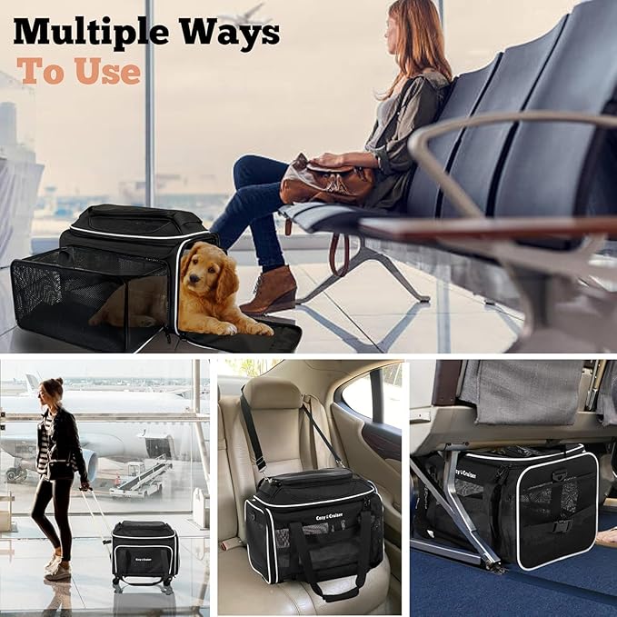 Airline Approved Top-Expanding Pet Carrier on Wheels- Extra Spacious Soft Lined Carrier! 18x11x11 (Grey, Expanding Sides)