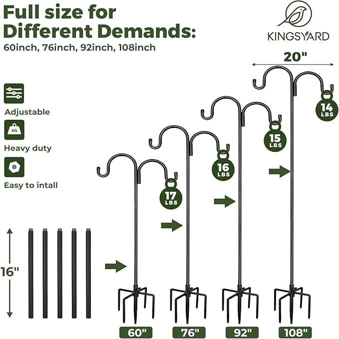 Kingsyard Adjustable Double Shepherds Hook for Outdoor - 76" Heavy Duty Bird Feeder Pole w/ 5-Prong Base, Hummingbird Feeder Stand for Garden, Plant Baskets, Solar Light Lantern