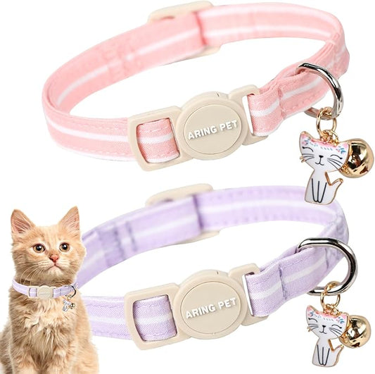 ARING PET 2 Pack Cat Collar-Cute Cotton Cat Collar with Bell & Pendant, Adjustable Pink Lavender Striped Kitten Collars with Safety Buckle for Girl and Boy Pets