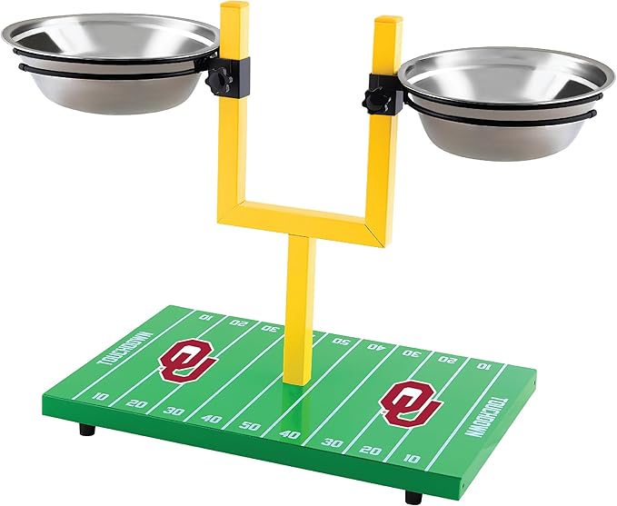 NCAA Oklahoma Sooners Goalpost Football Field Dog Feeder – Adjustable Elevated Dog Bowls with Stand, 2 Stainless Steel Bowls, Non-Slip Rubber Feet, Raised Pet Feeder for Large & Small Dogs