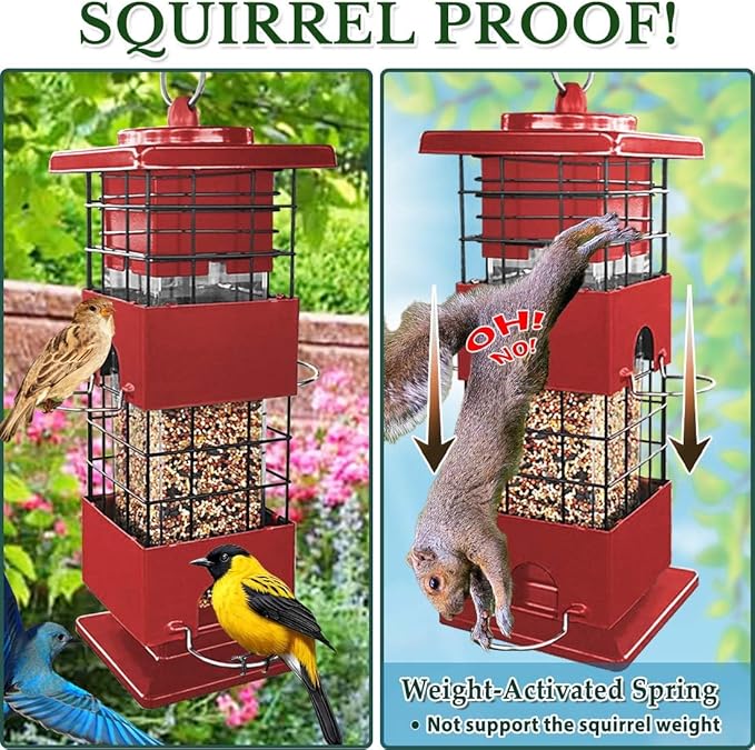 Squirrel Proof Bird Feeder, Metal Bird Feeders for Outdoors, 3 Lbs Birdfeeder Outside Hanging, Weight Activated Spring, 4 Feeding Ports, Cardinals, Finches and Sparrows, Wild Birds (Red)