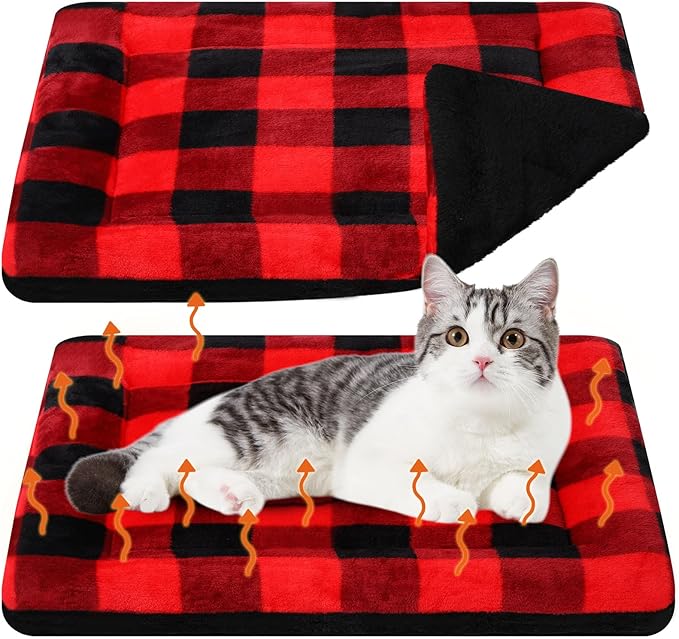 VitalCozy 2 Pack Self Warming Cat Mat Self Heating Pad Bed Reversible Machine Washable Reflects Body Heat Warm Thermal Pet Pad Crate Blanket for Feral and Indoor Cat (Black, Red,22'' X 18'',Plaid)