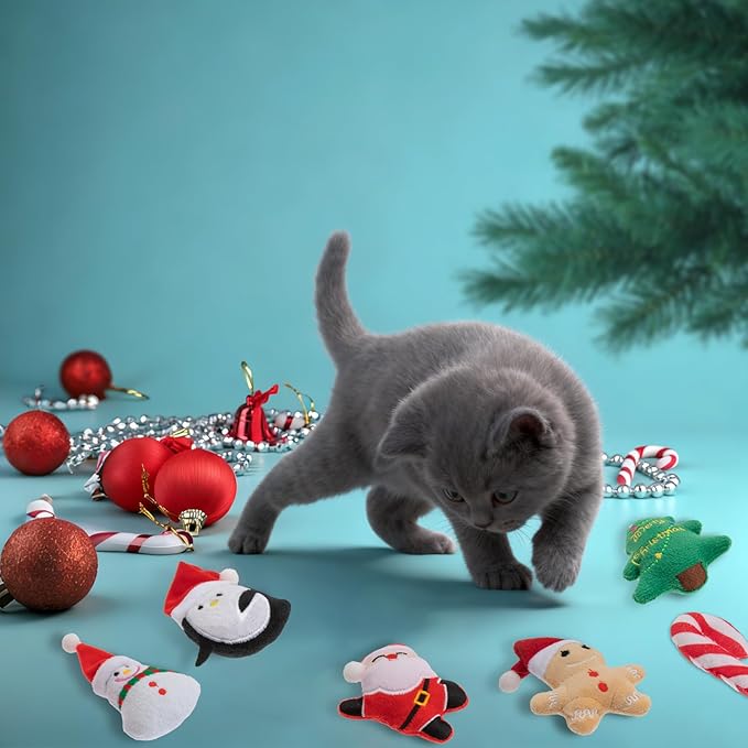 6pcs Christmas Catnip Toy，Indoor Santa Claus Snowman Tree Shaped Cat Toy Plush Interactive Chew Bite Toys for Cat Kitten Indoor Festive Holiday Cat Lover Gift