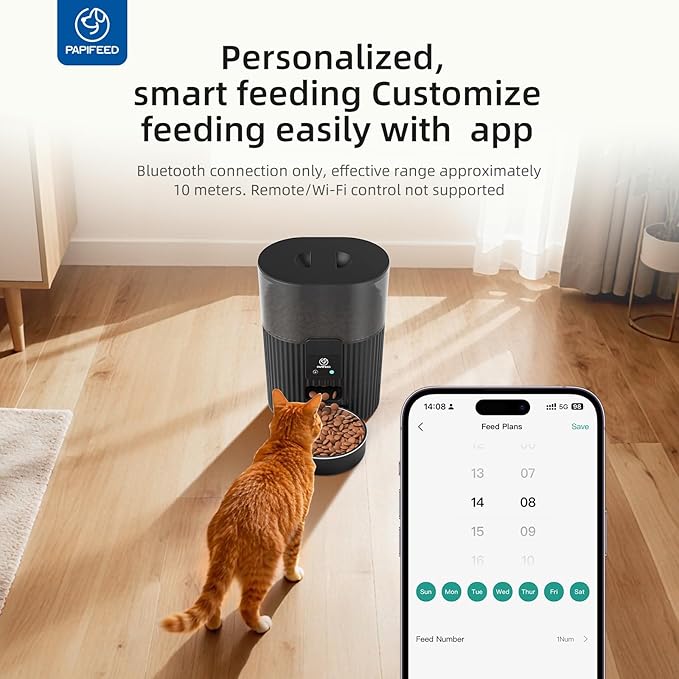 PAPIFEED Automatic Cat Feeder 3.5L/15 Cup 2.4G Bluetooth Pet Feeder for Dog Work with Alexa & Echo Timed Cat Food Dispenser for Remote Feeding with Stainless Steel Bowl up to 10 Meals Per Day with APP