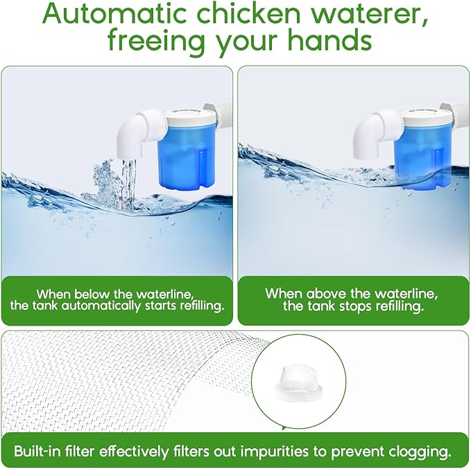 Automatic Chicken Waterer Filtered Float-Controlled Large Chicken Water Feeder Poultry Waterer Kit with Stainless Steel Metal Hose