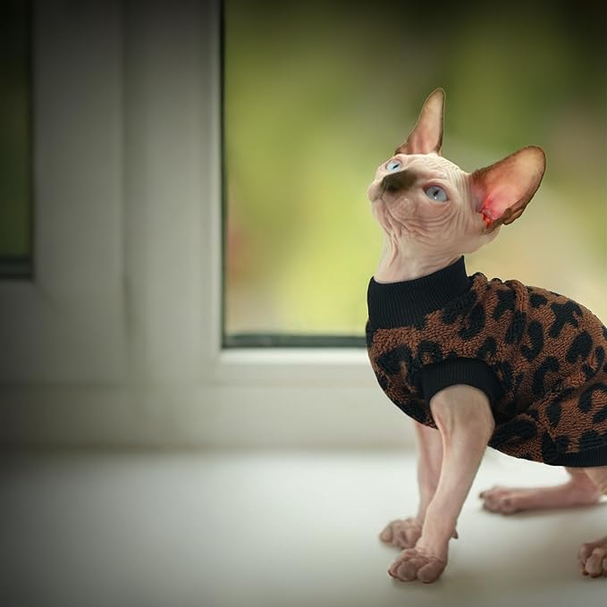 PUMYPOREITY Winter Warm Cat Sweater - Super Soft & Elastic Knit with Plush Fleece, Easy-On Design with Ribbed Neck & Cuffs, Stretchy Cat Outfit for Indoor/Outdoor Use,Brown, S