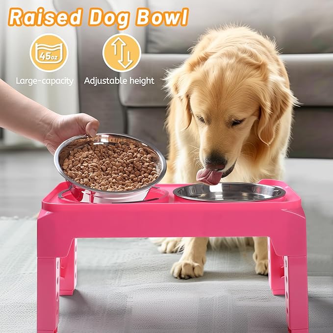 Hubulk Elevated Dog Bowls with 2 Stainless Steel Food & Water Raised Bowls with No Spill Edge Non-Slip Stand Adjusts to 5 Heights(3.2", 8.77", 9.9",11.1", 12.3")for Small Medium Large Dog and Pet Pink