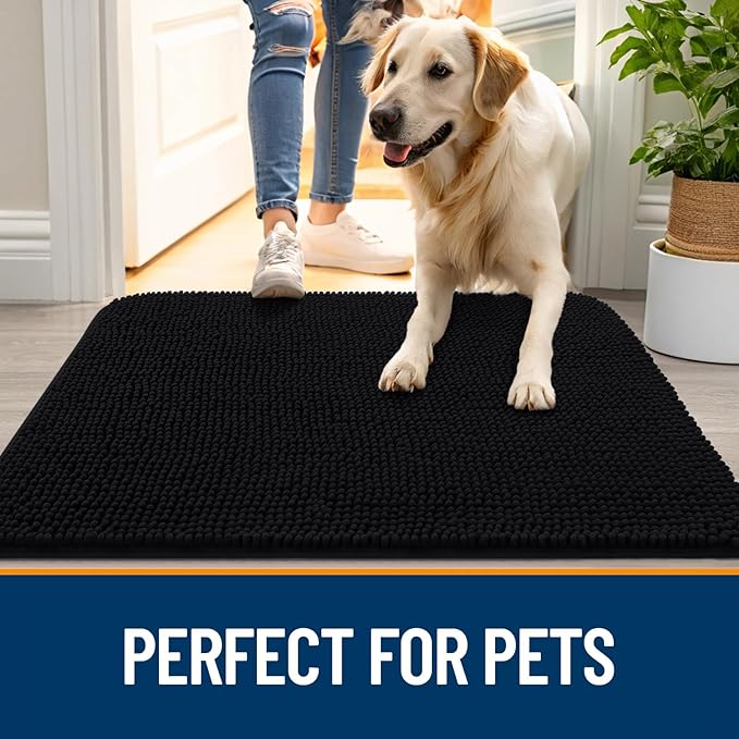 OLANLY Dog Door Mat Set 2-Piece 30x20, Absorbs Moisture and Dirt, Absorbent Non-Slip Washable Doormat, Quick Dry Chenille Mud Mat for Dogs, Entry Indoor Entryway Carpet for Inside Floor, Black