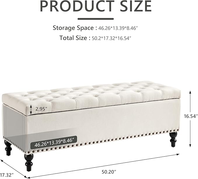 Ottoman with Storage,50.2-inch Upholstered End of Bed Storage Bench for Bedroom,for The Living Room,for Entryway, with Rivets & Button and Safety Hinges,Detachable (White)