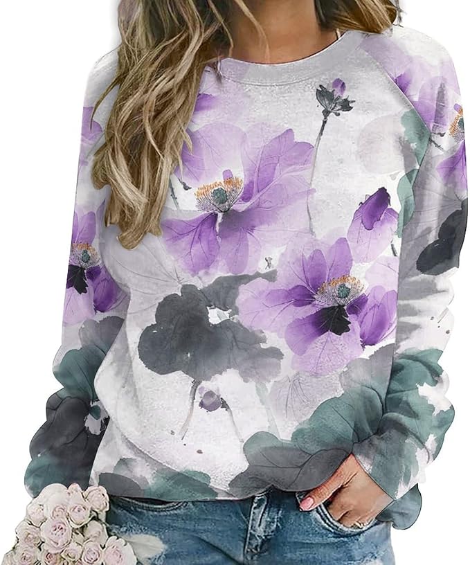 Womens Long Sleeve Tops Y2k Japanese Art Print Sweatshirts Fall Pullover for Women Crewneck Vintage Shirts Boho Tops