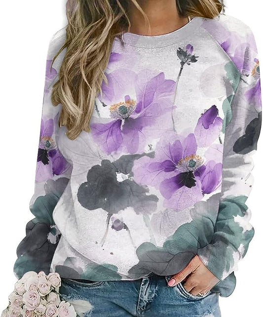 Womens Long Sleeve Tops Y2k Japanese Art Print Sweatshirts Fall Pullover for Women Crewneck Vintage Shirts Boho Tops