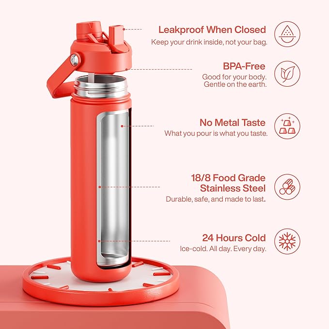 Insulated Water Bottle with Straw - Encool Stainless Steel Water Bottle, Leak-Proof, BPA-Free, Double Wall Vacuum Keeps Cold for 24 Hours for Sports, Travel, School (26 oz, Tawny Orange)