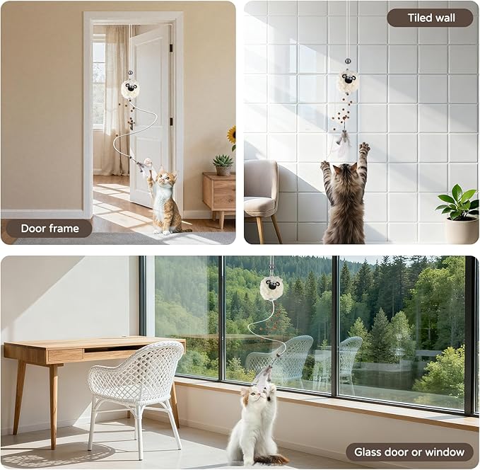 Interactive Cat Toys for Indoor Cats - [2025 New] Elastic Cat Feather Toys with Lamb-Shaped Puzzle Dispenser, Hanging Enrichment Toy That Delivers Joy and Award