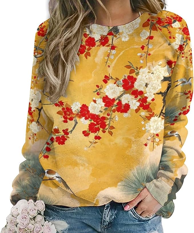 Womens Long Sleeve Tops Y2k Japanese Art Print Sweatshirts Fall Pullover for Women Crewneck Vintage Shirts Boho Tops