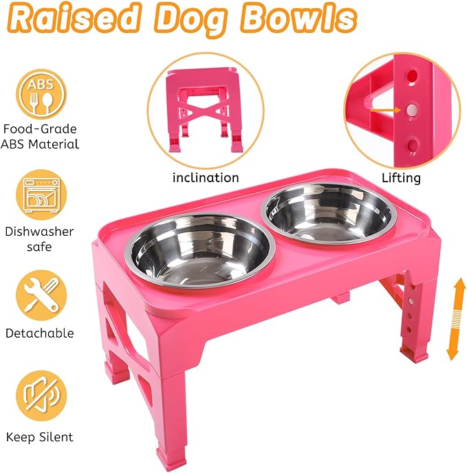 Hubulk Elevated Dog Bowls with 2 Stainless Steel Food & Water Raised Bowls with No Spill Edge Non-Slip Stand Adjusts to 5 Heights(3.2", 8.77", 9.9",11.1", 12.3")for Small Medium Large Dog and Pet Pink