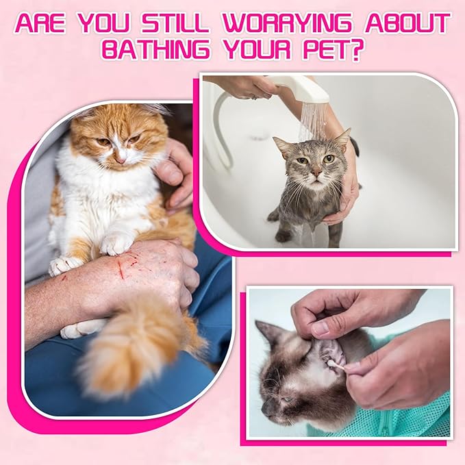 FANOVO Cat Bathing Bag, Anti-Scratch & Anti-Bite Adjustable Mesh Cat Shower Bag with Nail Clipper, Grooming Comb, Bath Brush & Nail File, Breathable Cat Washing Bag for Bathing, Nail Trimming