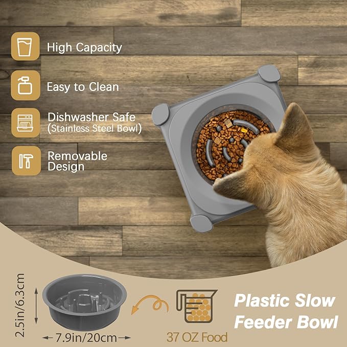 Lewondr Elevated Slow Feeder Bowls, Adjustable Dog Slow Feeder with 3 Heights (6.1", 7.7", 9.3") Non-Slip Stand for Medium Large Breed Dogs, Grey
