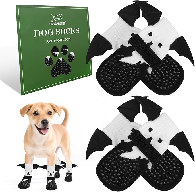 EXPAWLORER Halloween Anti Slip Dog Socks to Prevent Licking Paws, Boots & Paw Protectors with Grippers,Doggie Booties for Hardwood Floors for Small Medium Large Senior Dogs Costume White Ghost Wings S