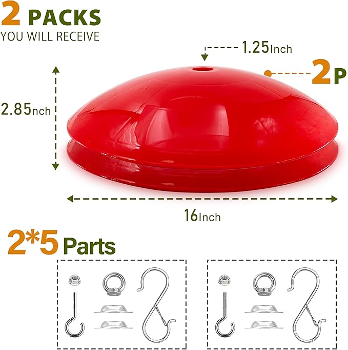 Bird Feeder Dome Guard,Squirrel Baffle for Hanging Feeder,16-Inch Squirrel Cover for Shepherd's Hook in The Outdoors (Red), 2 Pack