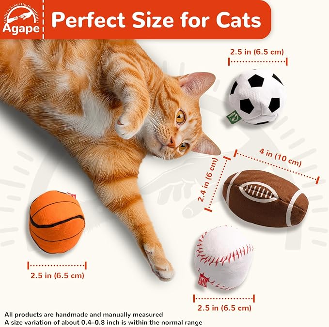 Agape Natural Cat Toys, 100% Catnip & Silvervine Filled, Interactive Chew and Kicker Balls for Indoor Cats, Enrichment and Teeth Cleaning Fun for Bored Cats and Kittens, 4 Pack Crinkle Cat Toys